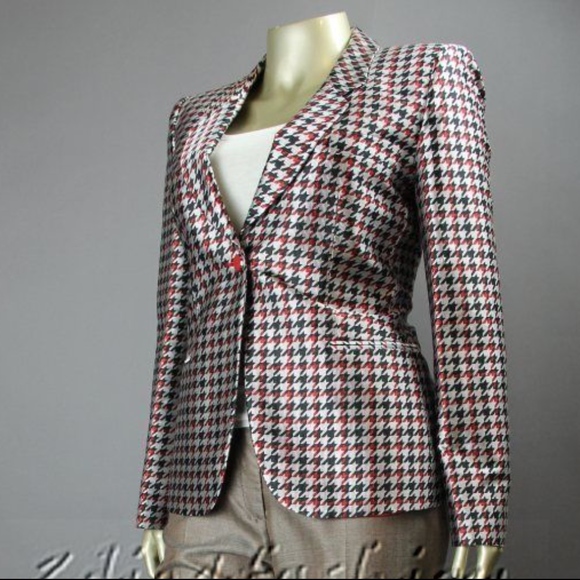 $3725 New GIORGIO ARMANI Black Red Gray Houndstooth Silk Blazer Jacket 10